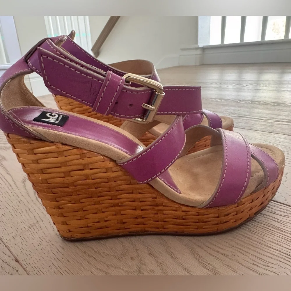 Dolce & Gabbana Purple Leather Ankle Strap Raffia Wedge Sandals Size 37